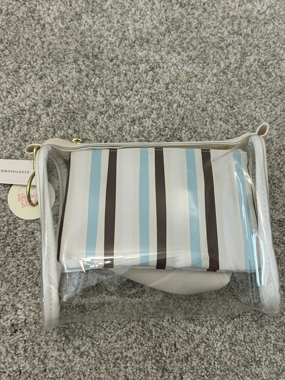 Anthropologie PVC Tote with White and Blue Accent Pouches